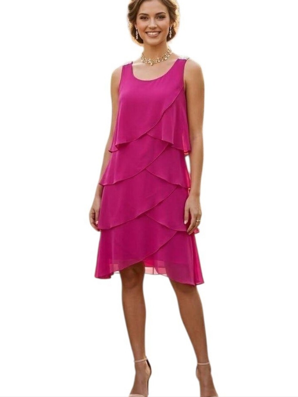 SLNY Raspberry Layered Ruffle Chiffon Sleeveless Dress - Picture 5 of 8